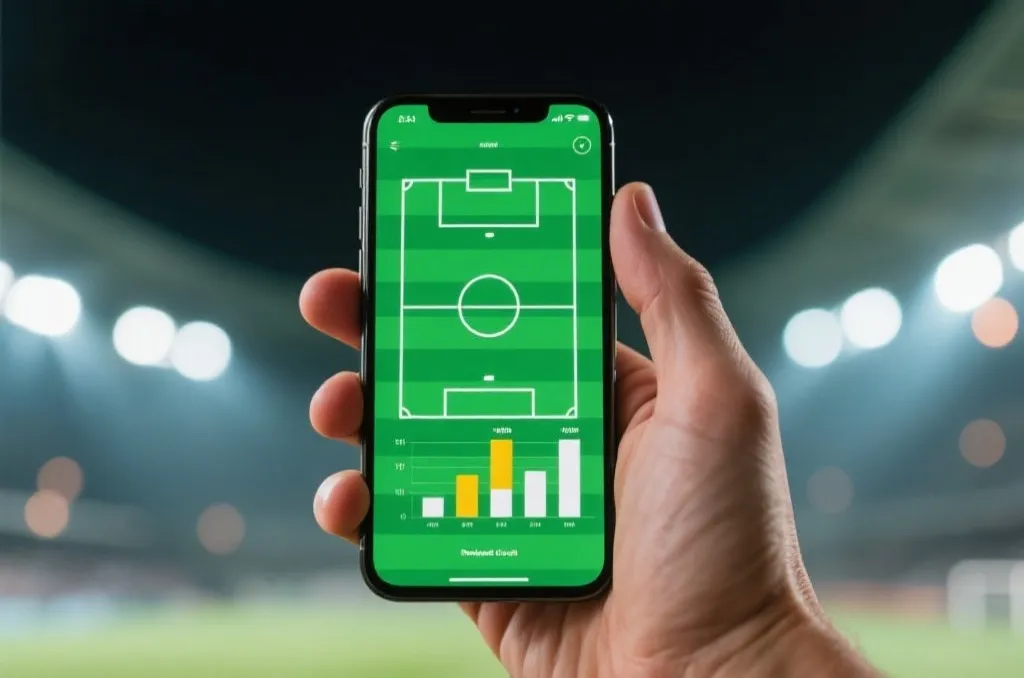 A hand holding a smartphone displaying generic soccer field graphics and statistics charts representing real-time live betting analysis